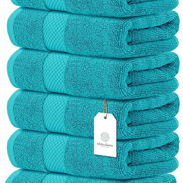 White Classic Luxury Hand Towels | Cotton Hotel spa Bathroom Towel | 16x30 | 6 Pack | Aqua