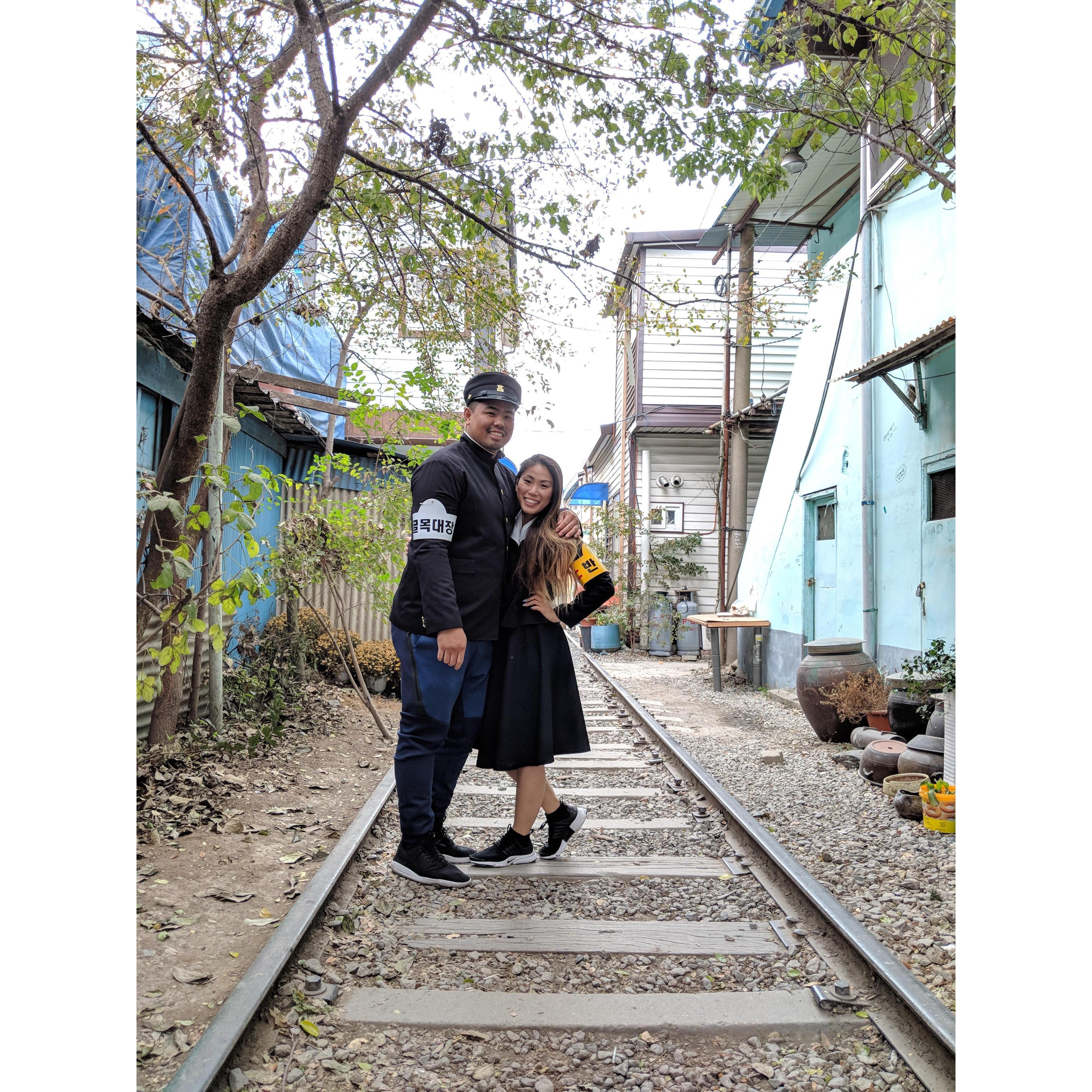 Dressed up in old Korean school uniforms in Jeonju, Korea