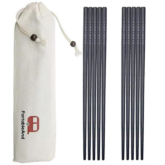 PortableAnd 5-Pairs Fiberglass Reusable Chopsticks Set Dishwasher Safe 9 1/2 Inches Black with Multi-purpose Cotton Drawstring bag carrying case for travel Sushi, Noodles and Asian Food
