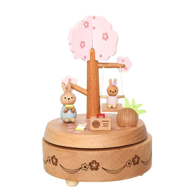 PRETYZOOM Wood Rabbit Music Box Decorative Wooden Bunny Figurine Rotating Music Box Easter Gifts (Pink)