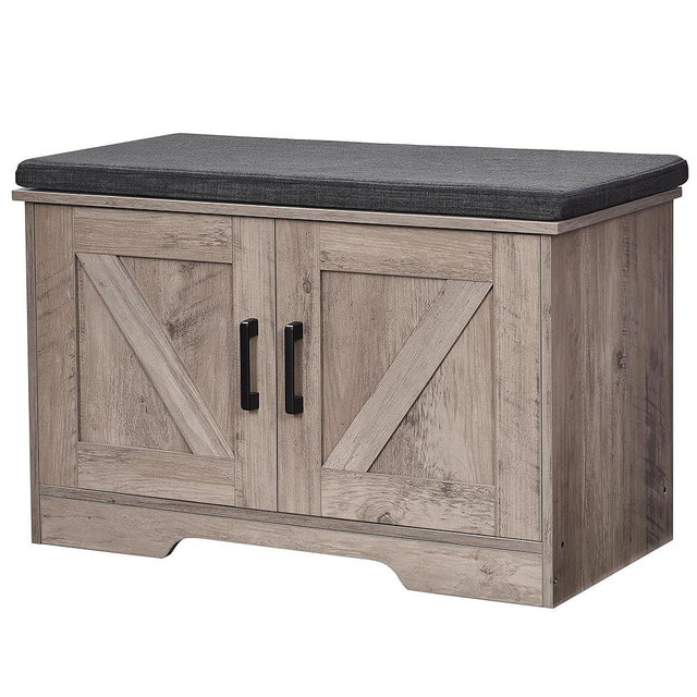 HOMSHO 2-Tier Storage Bench, Shoe Bench with Padded Seat Cushion, Entryway Bench with 2 Barn Doors, Adjustable Shelf, 13.8" D x 27.6" W x 17.7" H, for Entryway, Living Room, Bedroom, Greige