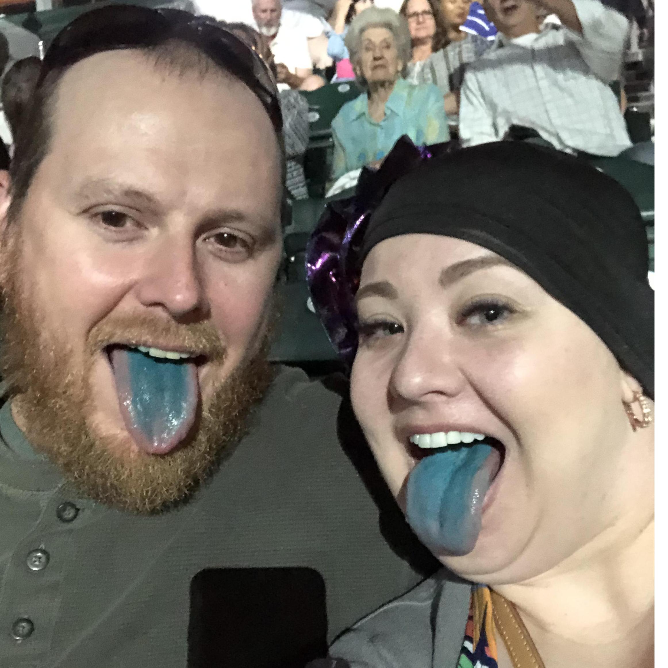Showing our blue tongues from Cotton Candy when we saw Cirque du Soleil Crystal in January of 2020.