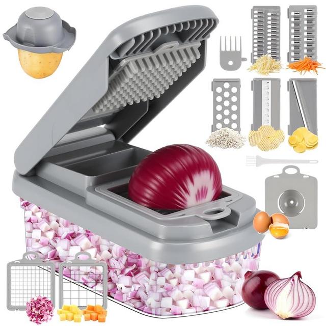 Vegetable Chopper,12-in-1 Multifunctional Food Chopper,Professional Onion Chopper with 7 Blades,Vegetable Cutter with Container for Salad,Potato,Carrot,and Garlic Essential Kitchen Tool (Silver gray)