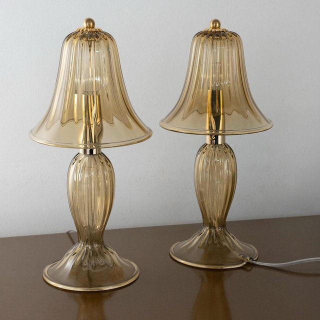 Handmade Murano Glass Table Lamps: Smoky Gold Venetian Lighting (Pair)