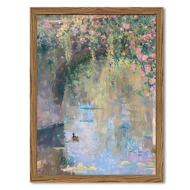 Framed Vintage Monet Canvas Wall Art, Floral Landscape Wall Decor Paintings, Country Nature Pictures Prints Aesthetic Home Decor for Living Room Bedroom Bathroom 16x24 inch