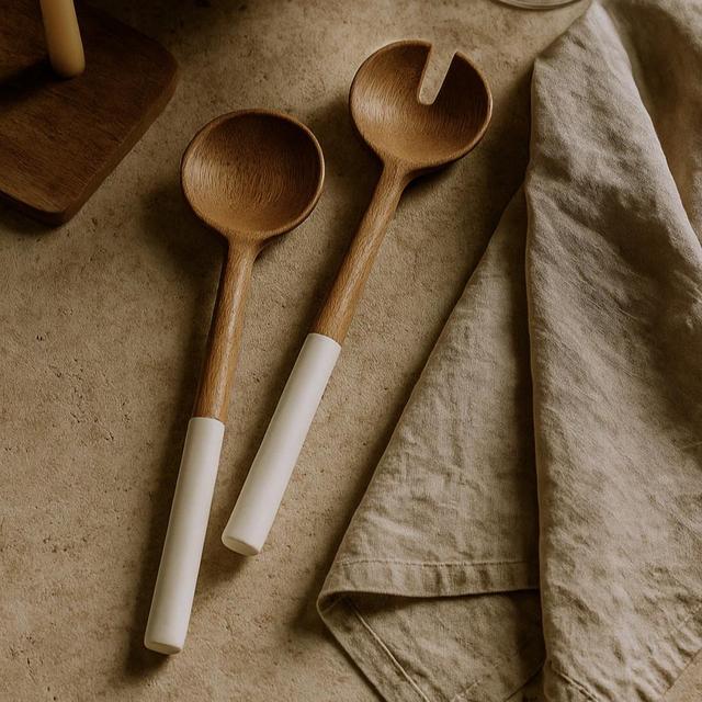 Palmer Wood + White Salad Servers, Set of 2