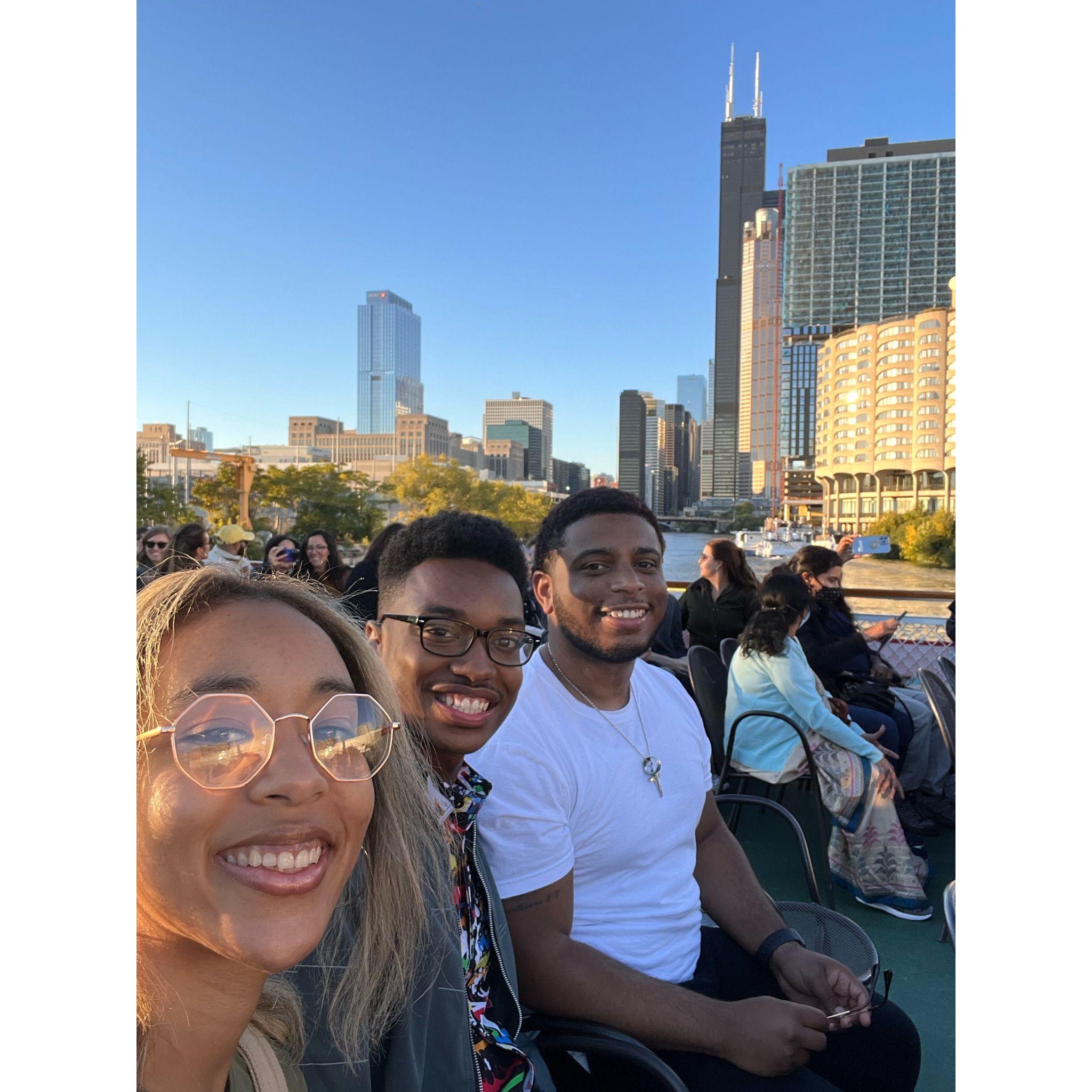 Robert, Paris, and Kor on the architecture boat tour in Chicago!