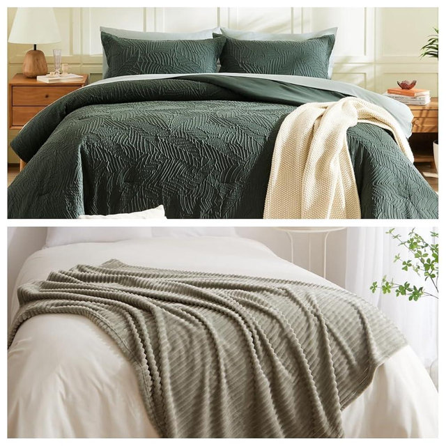 Geniospin 7-Piece King Seersucker Comforter Set and Fleece Throw Blanket Bundle