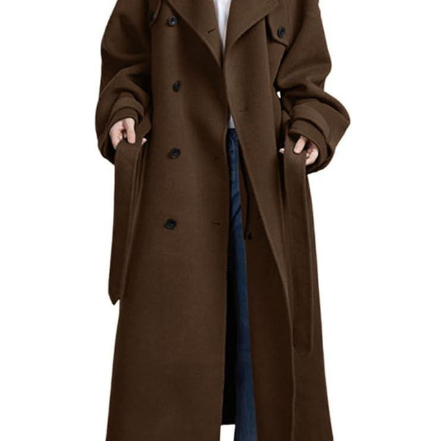 chouyatou Women's Winter Double Breasted Wool Coat Long Sleeve Notch Lapel Midi Long Winter Trench Coat with Belt