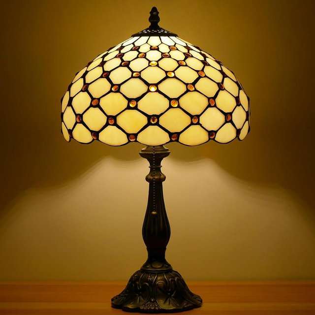 WFAYNTIFL Tiffany Lamp Stained Glass Table Lamp Antique Bedside Reading Light W12H19 Inches (Cream Amber Pearl)