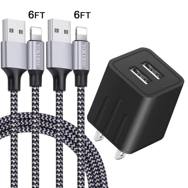 iPhone Charger YOKERSU Nylon Braided Lightning Cable Fast Charging 2Pack 6FT Data Sync Transfer Cord with Port Plug Wall Charger(ETL Listed)Compatible with iPhone XS Max/XS/XR/X/8/7/6S/6/Plus/SE/iPad