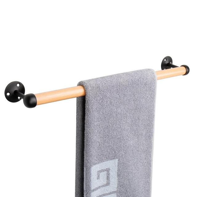 NearMoon Bathroom Wooden Towel Bar, Bath Hardware Accessories- Rustic Wood Towel Rack and Stainless Steel Hanger Kit Wall Mounted Towel Holder for Bathroom/Kitchen (16 Inch, Black Hanger+ Beech Bar)