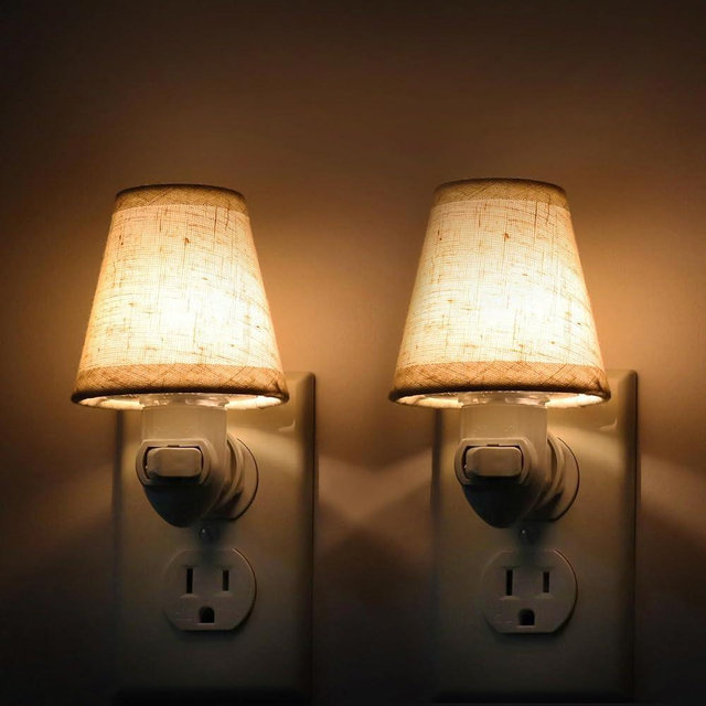 LOIWON Vintage Plug in Night Light with Switch, 2-Pack 0.5W LED Night Lights Plug into Wall Socket, Soft Warm Baby Nursery Nightlight with Linen Fabric Lamp Shade for Adult Kids Room Bathroom Hallway