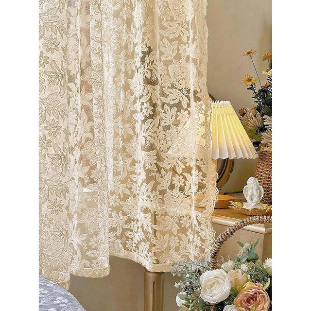 ZRKZRK 2 Panels Cream Vintage Lace Curtains French Gauze Embroidered Tulle Sheer Scalloped Curtain for Bedroom Living Room Floral Light Filtering Rod Pocket 51W x 63L
