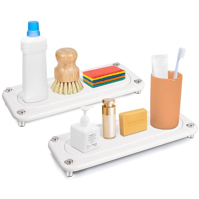 2pcs Instant Dry Sink Organizer, Sponge Holder Fast Drying Stone, Natural Diatomite Material, Soap Holder with Rustproof Stainless Feet, Sink Caddy for Kitchen Bathroom Counter, White