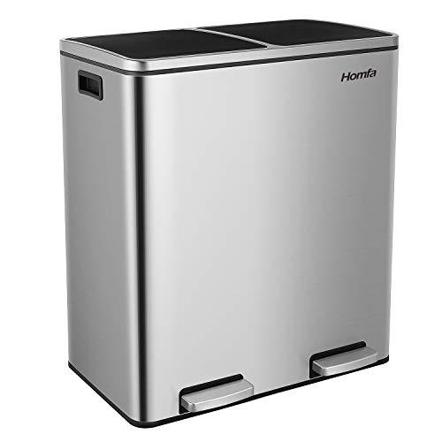 Homfa Dual Step Trash Can, 16 Gallon (60L) Fingerprint Proof Stainless Steel Rubbish Bin, 2 x 30L Classified Recycle Garbage Bin with Plastic Inner Buckets and Hinged Lids, Soft Closure
