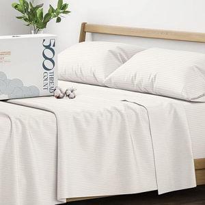 Mayfair Linen 100% Cotton Striped Sheets Queen Size Bed Set - 500 Thread Count Damask Sheets Queen Size 4 PC Set (Beige Stripe), Soft, Cooling, Sateen Weave Hotel-Quality 16" Deep Pocket Bedsheet