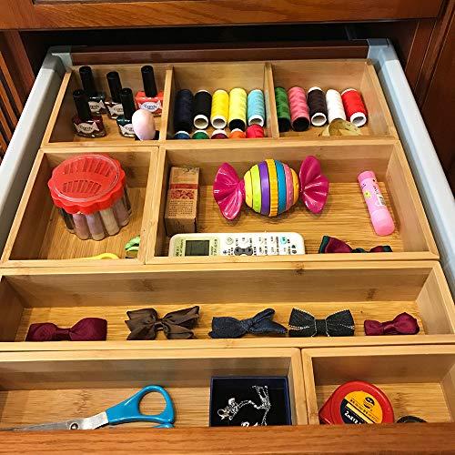 Bamboo Junk Drawer Organizer and 6 Storage Box Dividers Set,8 Compartment Organization Tray Holder for Craft,Sewing,Office,Bathroom.Kitchen …