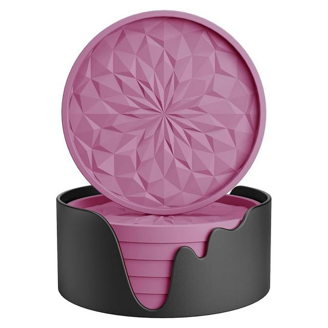 ME.FAN Silicone Coasters with Holder,[6 Pack] Drinking Coasters - Cup Mat for Hot or Cold Drinks, Thickened, Non-Slip, Non-stick,Deep Tray Dusty Rose