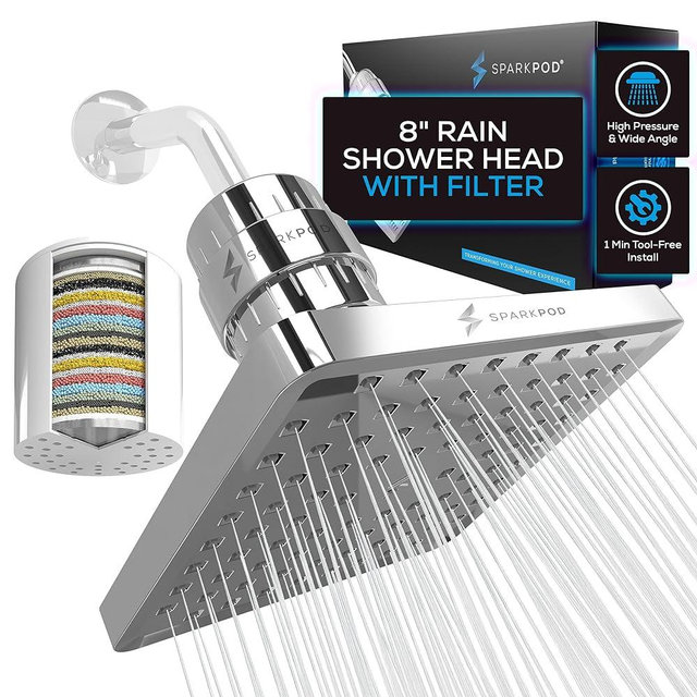 SparkPod Luxury Filtered Shower Head Set 23 Stage Shower Filter - Removes Chlorine and Heavy Metals - High Pressure Showerhead Filter (8" Square, Luxury Polished Chrome)