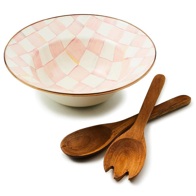 MACKENZIE-CHILDS Enamel Salad Serving Set, Enamel Bowl and Wooden Salad Servers, Decorative Kitchen Set, Pink-and-White Rosy Check