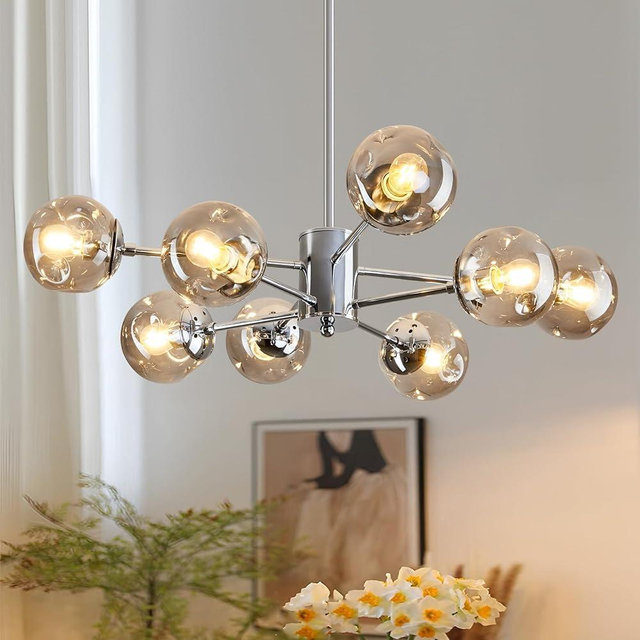 SZXYKEJI 8 Light Chandelier Mid Century Glass Globe Sputnik Pendant Light Fixture Chrome Ceiling Light for Living Room Kitchen Dining Room Bedroom Farmhouse