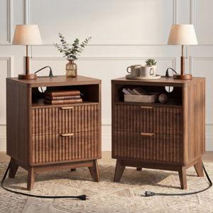 Rhythm Walnut Nightstand Set of 2, Nightstand with Charging Station, Modern Design, 27.5'' H X 19.69'' W X 14.96'' D - Walnut, Set of 2