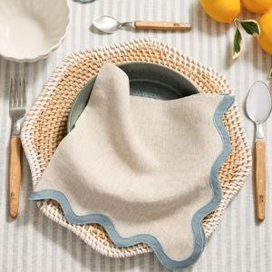 European Linen Scallop Edge Napkins (Set of 8) in Flax/Dusty Blue