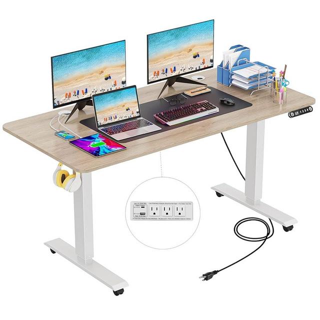 farexon Electric Standing Desk 55 x 24In with Charging Station, Adjustable Height Desk with Oversized Mouse Pad, 2 USB Ports & 3 Power Outlets, 4 Caster, 4 Preset Heights, 27''-45'' Lifting Range