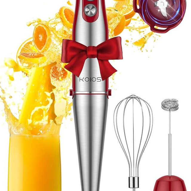 KOIOS Immersion Blender, 1000W Anti-scratch 3-in-1 Hand Blender, Upgraded 12 Speed Stainless Steel Blade Stick Blender with Turbo Mode, Whisk and Milk Frother, Non-BPA, Red