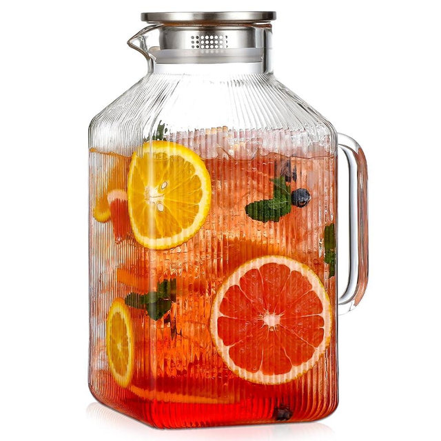 1 Gallon thickened Square Glass Pitcher with Lid, Classic Stripes Water Pitchers for Fridge, Borosilicate Glass Carafe for Hot/Cold Brew Drink, Extra Large Jug with Handle for Iced Tea, Coffee, Juice