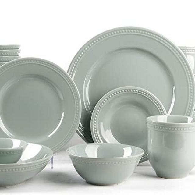 HomeVss, Pearl Dots Stoneware Dinnerware Set (56pc Set, Teal)