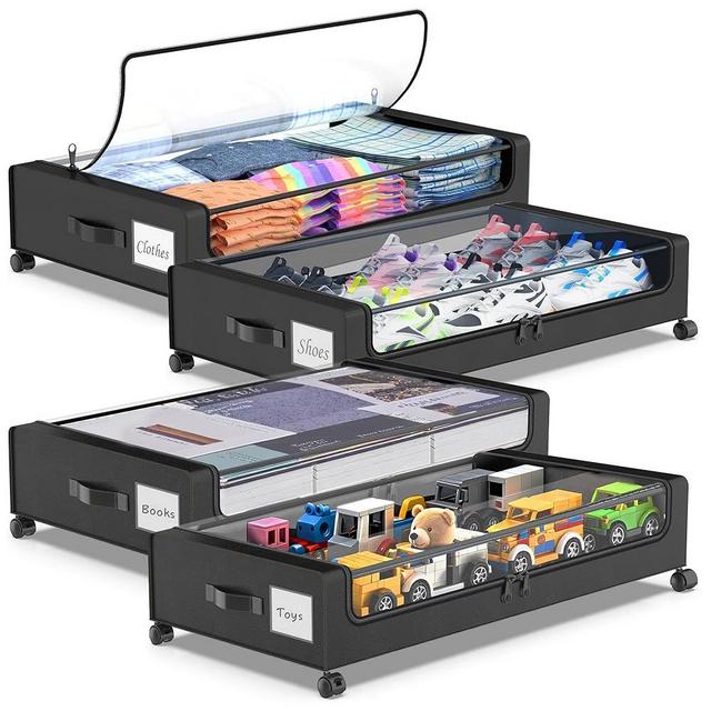 Beborxue Under Bed Storage with Wheels, 4-Pack Under Bed Storage Containers with Clear Lids, XXL 60L Under the bed storage Organizer Bins, Rolling Under Bed Metal Drawer for Clothes,Shoes,Toys (Black)