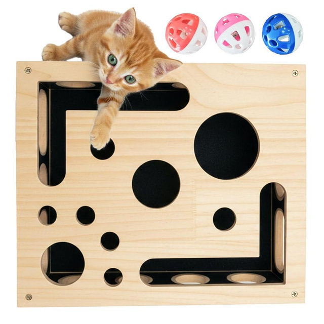 Cat Nail File Enrichment Box - Wooden Scratch & Puzzle Toy with 3 Bell Balls, Sandpaper Pad for Indoor Cat Claw Grinding, Mental Stimulation and Boredom Relief