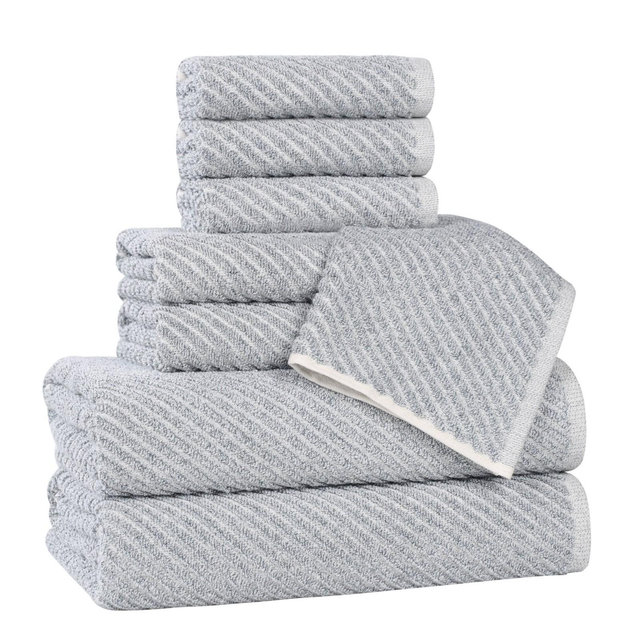 Viscose Cotton Blend Medium Weight Soft Textured Diagonal Ribbed 8 Piece Towel Set, Denim Blue - Blue Nile Mills