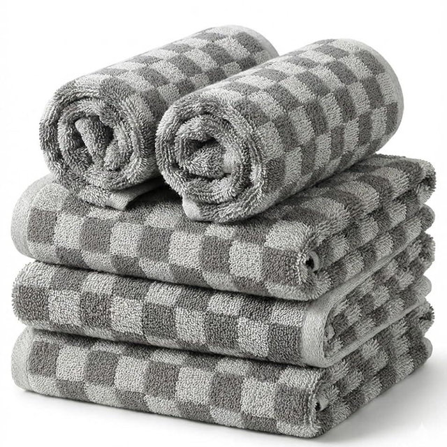Hand Towels 5 Pack (13" x 29"), Cotton Face Towels Soft,Absorbent, and Checkered Decorative Hand Towels for Bathroom, Kitchen (Grey)