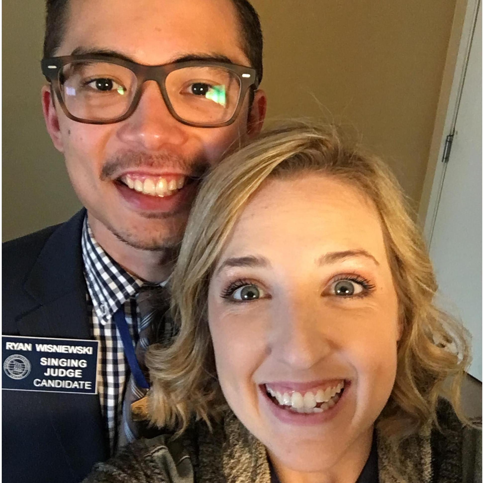 Taking a cute picture while Ryan was dressed up for his first time practicing as a Singing Judge for the Barbershop Harmony Society!