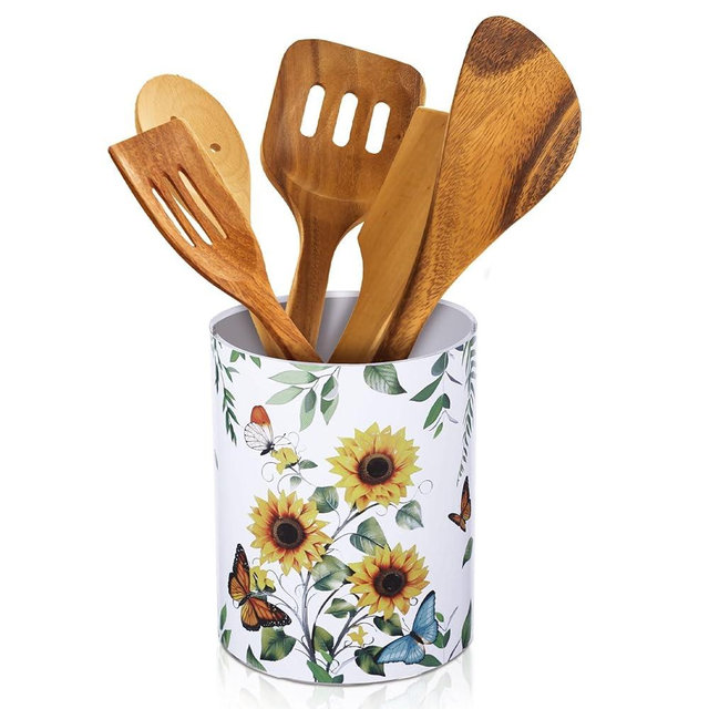 Yoande Sunflower Kitchen Decorations Utensil Holder Acrylic Utensil Crock Spoon Kitchen Utensil Organizer for Countertop Coffee Spoon Holder Utensil Jar for Cooking Tools