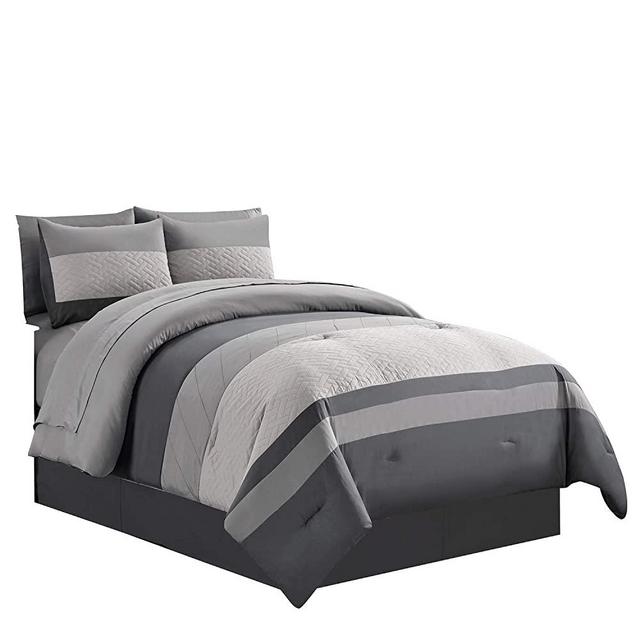 WPM 8 Piece Bed in A Bag with Grey Comforter, Sheet Set, Bed Skirt, and Sham King Size Bedding Set-Nana (Gray, King)