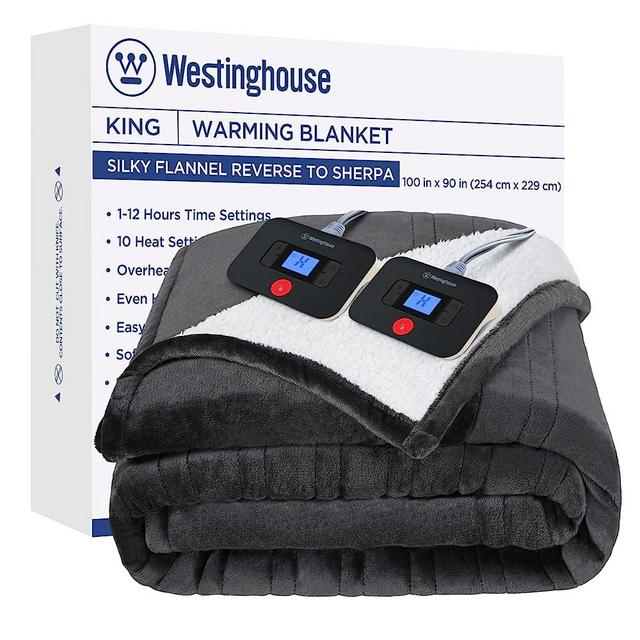 Westinghouse Electric Blanket Heated Blanket | 10 Heating Levels & 1 to 12 Hours Heating Time Settings | Flannel to Sherpa Reversible 90x100 King Size | Machine Washable, Charcoal