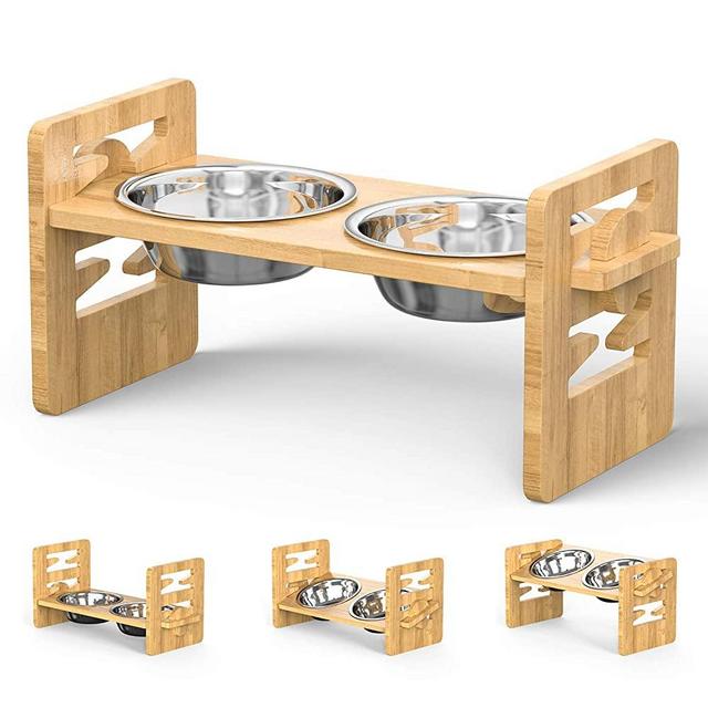 Elevated Dog Bowls, Pet Bowls with Stand for Dogs and Cats Adjustable Bamboo Feeder Pet Raised Bowls Set with 2 Stainless Steel Bowls and Anti Slip Feet Raised Pet Bowls for Small&Medium Dog and Cat