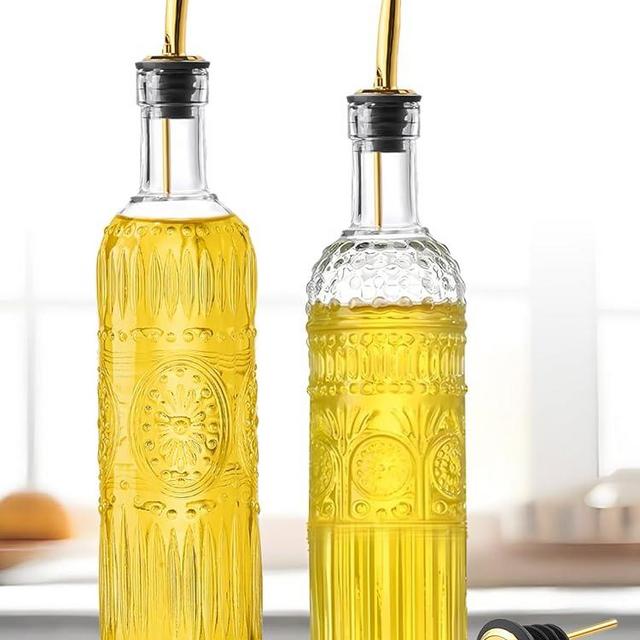 Ruiao 2 Pcs Olive Oil Dispenser Bottle for Kitchen,17oz Clear Glass Cooking Oil and Vinegar Dispenser Set, Coffee Syrup Dispenser with 2 Pourers and 1 Funnel (Two circles)