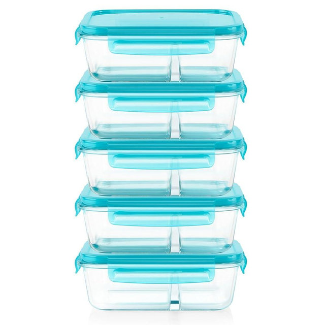 Pyrex Glass MealBox (5-Pack, 4 Cup) Divided Compartments with Locking Lids, For Meal Prepping and Portioning, BPA Free Microwave Dishwasher Safe