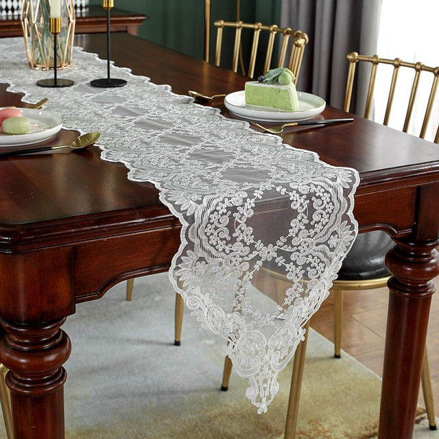 SUTAVIA Lace Patio Table Runner Embroidered Dresser Scarf, Classic Rectangular Macrame Tablerunner,for Kitchen Dining Picnic Coffee Table,and Wedding Banquet Home Decoration(White, 12"×120")