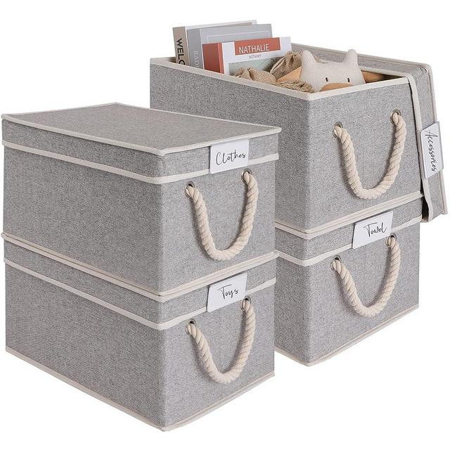 LoforHoney Home Fabric Storage Bins with Lids for Organizing, Foldable Storage Boxes with Lids for Shelves, Clothes Baskets with Cotton Rope Handles, Closet Storage Bins, Large, Light Gray, 4-Pack