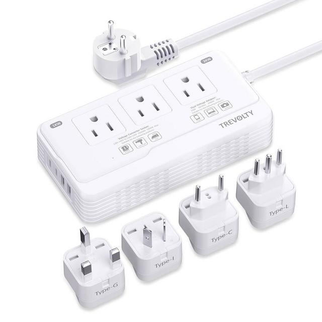 2000W Voltage Converter US to Europe, 220V to 110V Converter for European Travel, Power Adapter for Hair Dryer, European Travel Plug Adapter with 3 AC 2 USBC 2 USBA Ports & EU/UK/AU/IT Plugs (White)