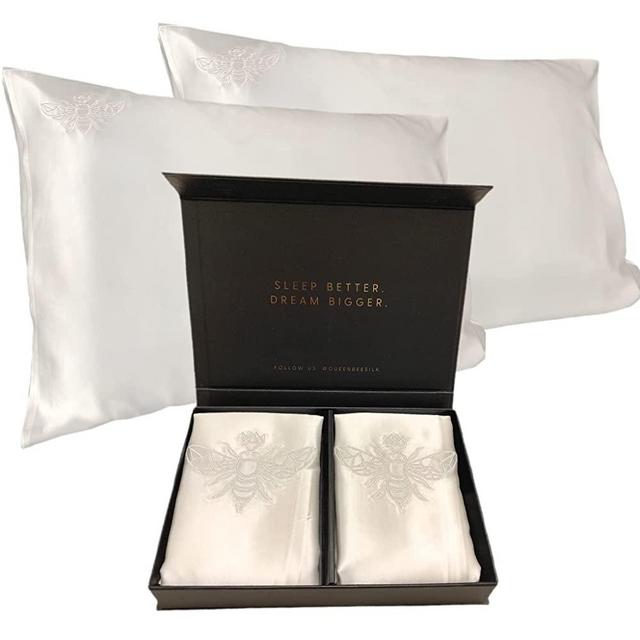 Queen Bee Silk - Silk Pillowcase for Hair and Skin - Twin Pack - 22 Momme 6A Mulberry Silk Charmeuse Weave Envelope Closure (2 Pack Queen,White)