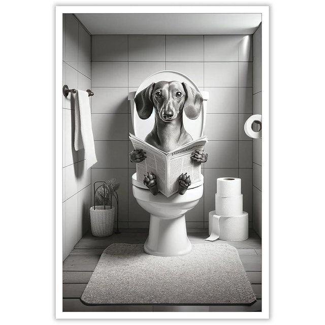 Funny Bathroom Dachshund Dog Wall Art Dog Sitting On Toilet Reading Newspaper Prints Trendy Black And White Hilarious Animals Canvas Posters For Bedroom Dorm Hotel Aesthetic Decor 8x10in Unframe