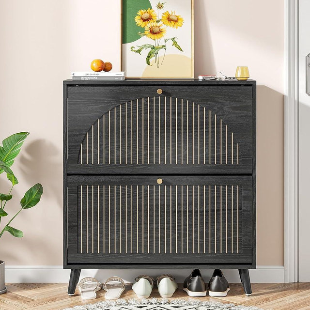 Fsbecl Shoe Storage Cabinet for Entryway with 2 Flip Drawers, Narrow Wood Shoe Cabinet with Fluted Panel, Freestanding Hidden Shoe Organizer for Foyer, Hallway (Black - with Shelf)