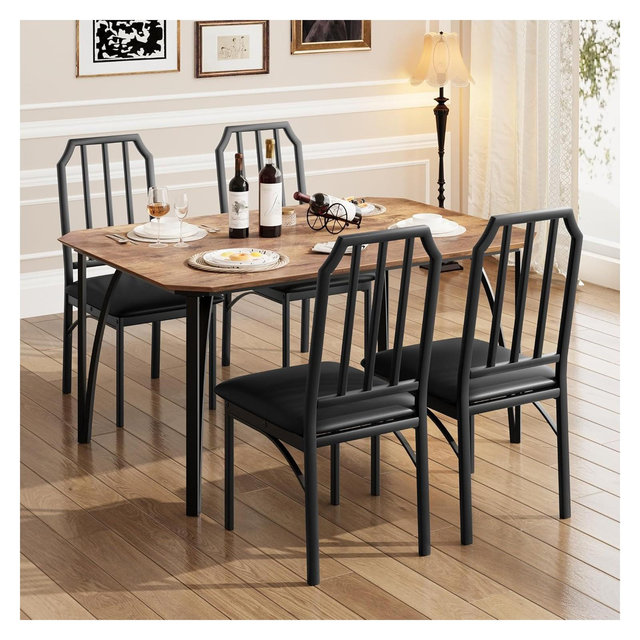 Dining Table Set for 4, Kitchen Table and Chairs with Chamfer Design, 5 Piece Dining Room Set with Cushion Seats for Small Spaces - Rustic Brown
